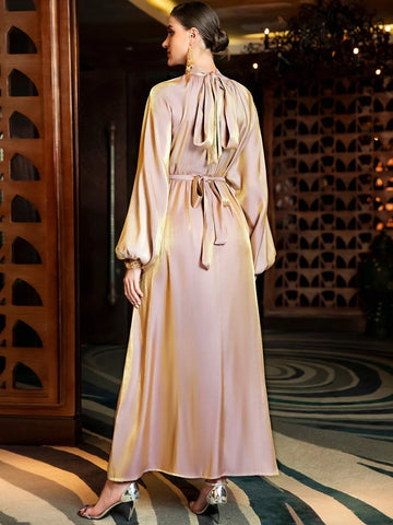 Najma Rhinestone Detail Mock Neck Bishop Sleeve Belted Kaftan