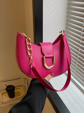 Neon-pink Hobo Bag Funky Metal Decor PU