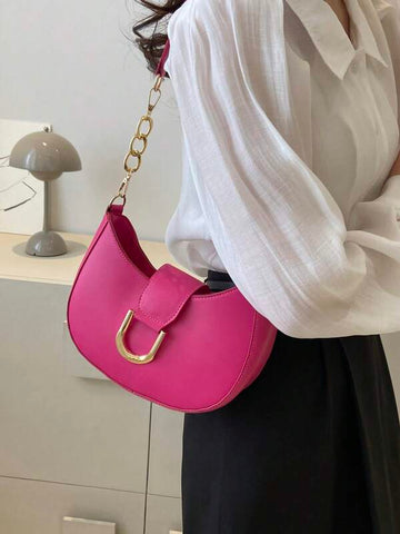 Neon-pink Hobo Bag Funky Metal Decor PU