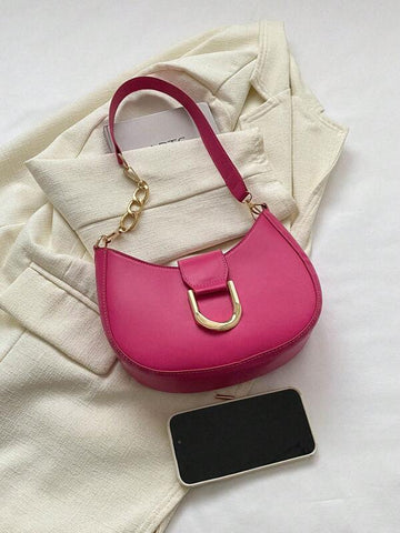 Neon-pink Hobo Bag Funky Metal Decor PU