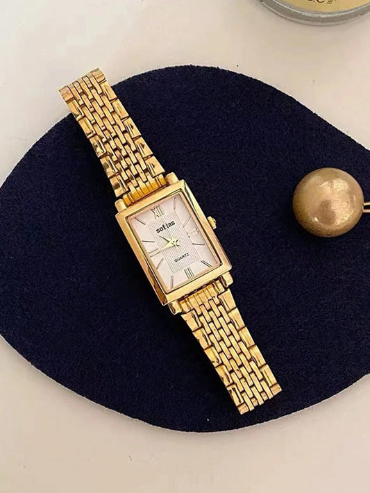 Square Casual Simple Atmosphere Steel Strap Gold Dial