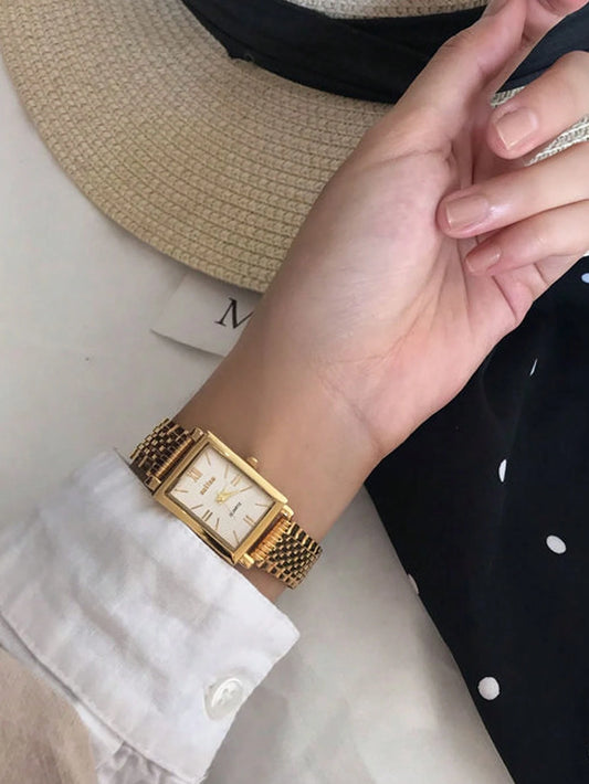 Square Casual Simple Atmosphere Steel Strap Gold Dial