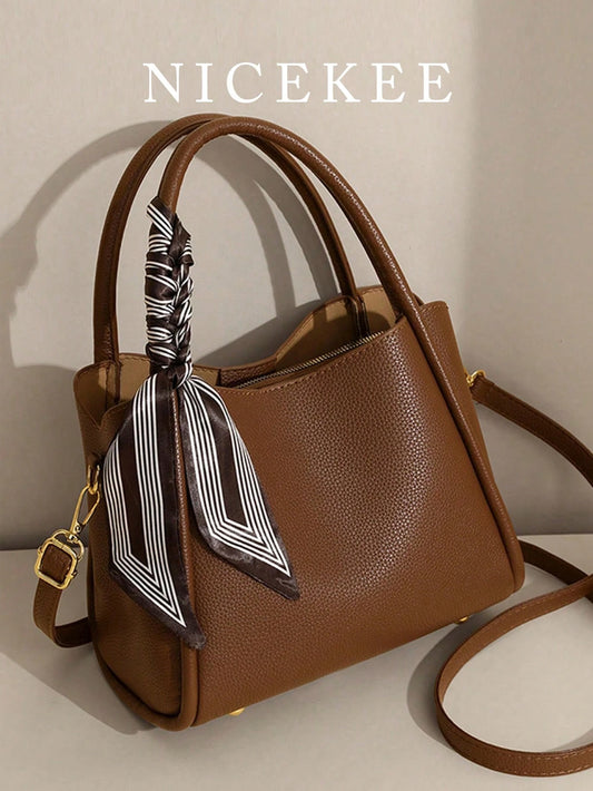 Fashionable And Versatile Retro Style Handbag Solid Color With Scarf Decoration