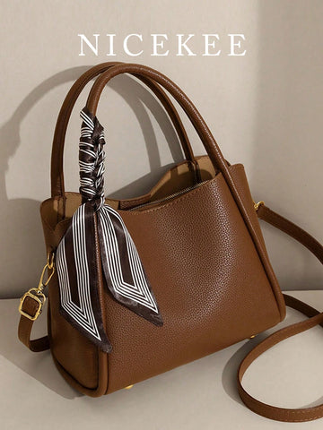 Fashionable And Versatile Retro Style Handbag Solid Color With Scarf Decoration