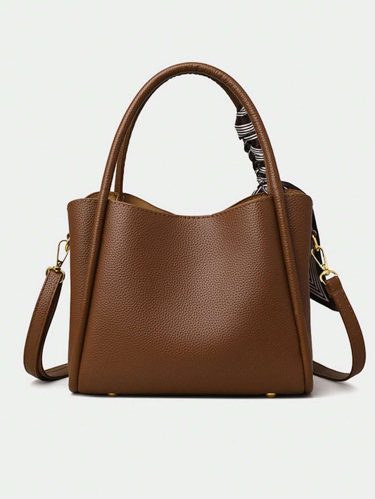 Fashionable And Versatile Retro Style Handbag Solid Color With Scarf Decoration