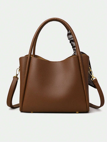 Fashionable And Versatile Retro Style Handbag Solid Color With Scarf Decoration