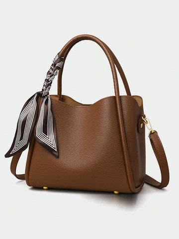 Fashionable And Versatile Retro Style Handbag Solid Color With Scarf Decoration