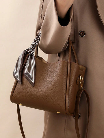 Fashionable And Versatile Retro Style Handbag Solid Color With Scarf Decoration