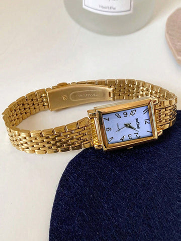 Square Casual Simple Atmosphere Steel Strap Gold Dial