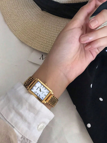 Square Casual Simple Atmosphere Steel Strap Gold Dial
