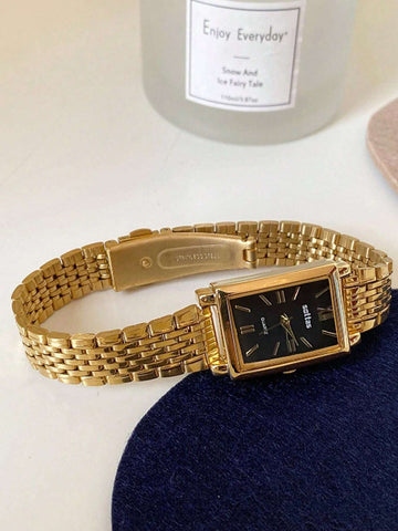 Square Casual Simple Atmosphere Steel Strap Gold Dial