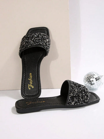 Rhinestone & Faux Pearl Decorated Mule Sandals