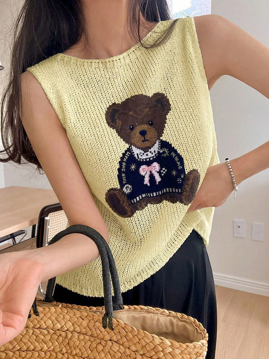 Round Neck Women Vest Teddy Bear Wearing Baseball-Cap T-Shirt
