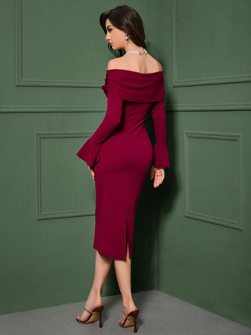 Off Shoulder Flounce Sleeve Split Back Dress