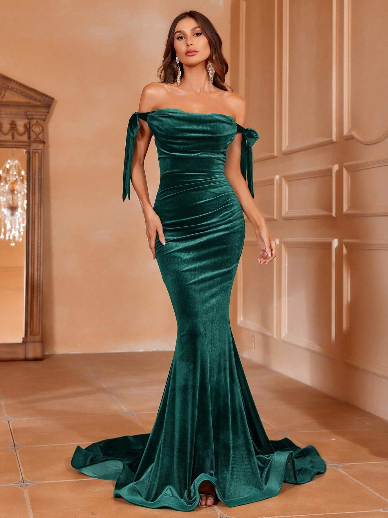 Off Shoulder Knot Detail Floor Length Velvet Formal Dress