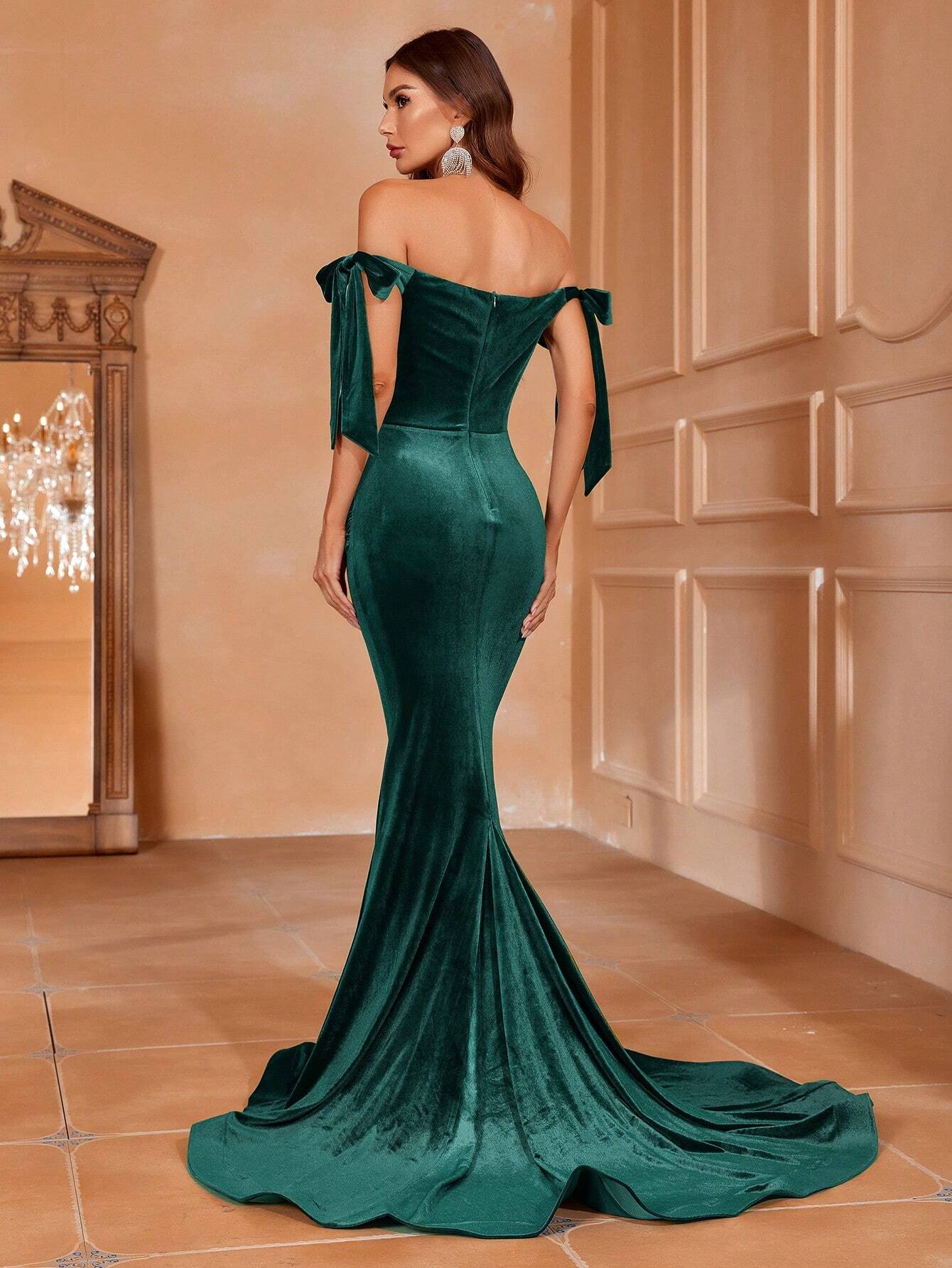 Off Shoulder Knot Detail Floor Length Velvet Formal Dress