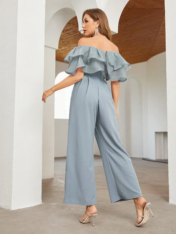 Off Shoulder Layered Ruffle Detail Palazzo Jumpsuit