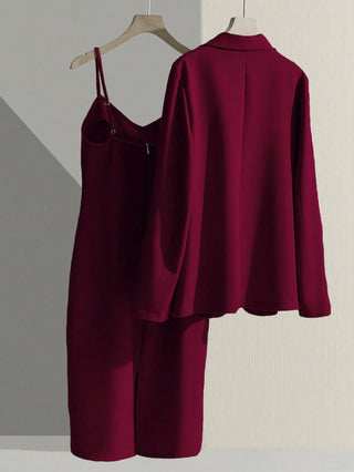 Blazer Jacket Paired With Sleeveless Waist Cinched Straight Dress