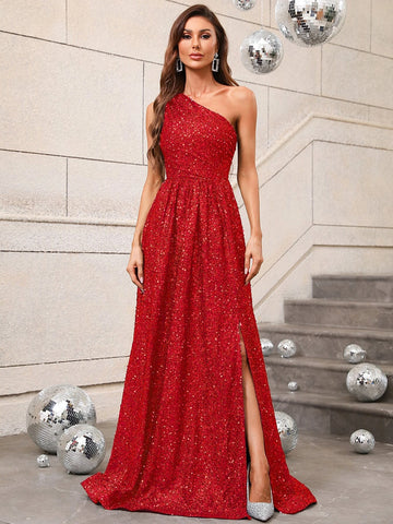 One Shoulder Split Thigh Sequin Formal Dress