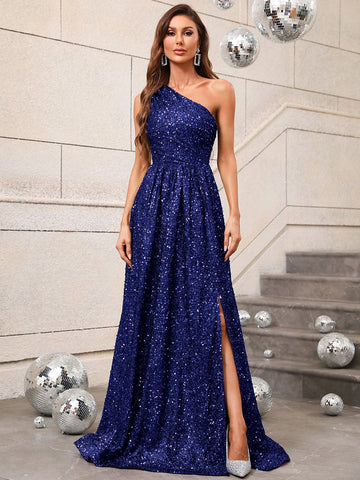 One Shoulder Split Thigh Sequin Formal Dress