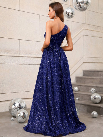 One Shoulder Split Thigh Sequin Formal Dress