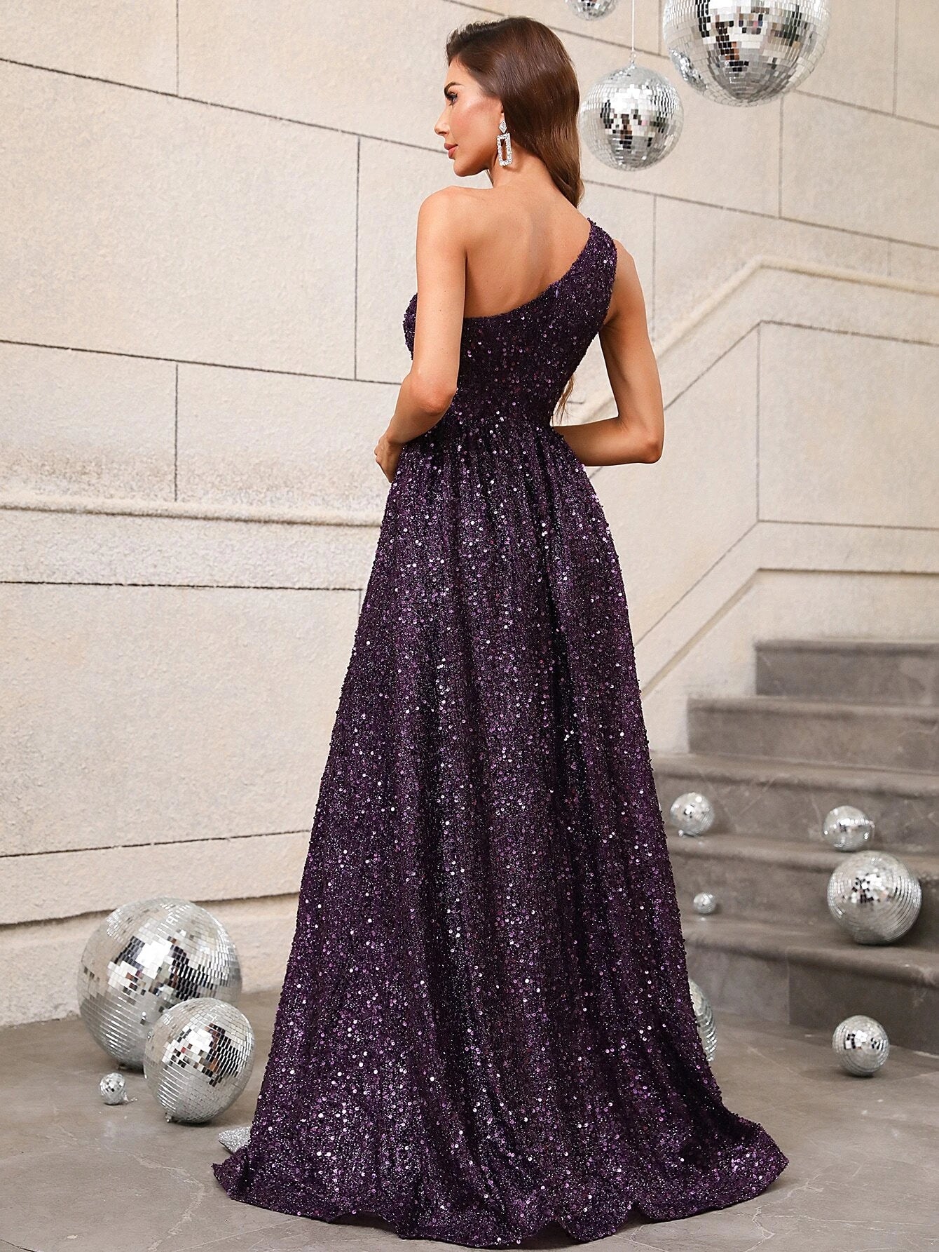 One Shoulder Split Thigh Sequin Formal Dress