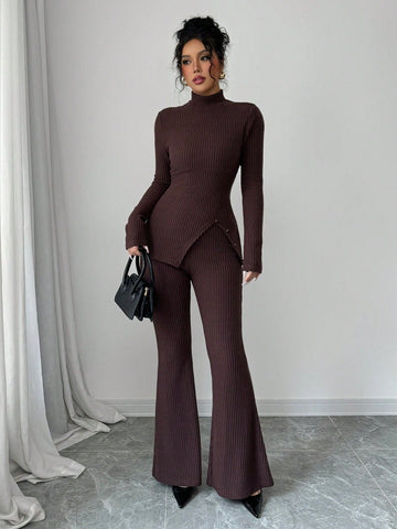 Women's Solid Stand Collar Long Sleeve Top And Fitted Pants Set
