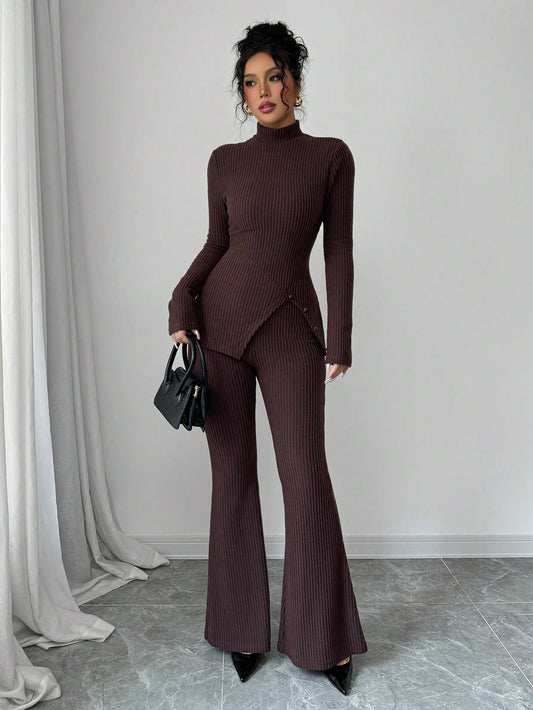 Women's Solid Stand Collar Long Sleeve Top And Fitted Pants Set