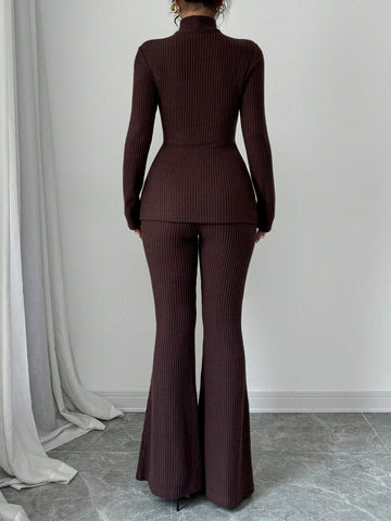 Women's Solid Stand Collar Long Sleeve Top And Fitted Pants Set