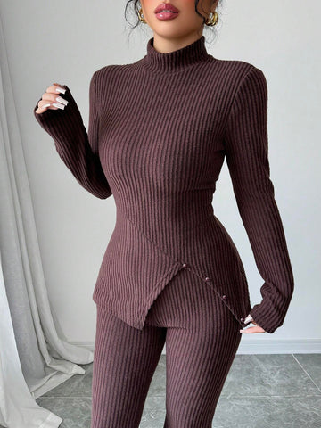 Women's Solid Stand Collar Long Sleeve Top And Fitted Pants Set