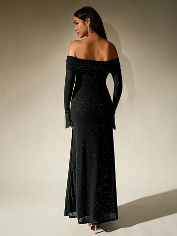 PARTHEA Off Shoulder Ruched Sequin Mesh Long Dress