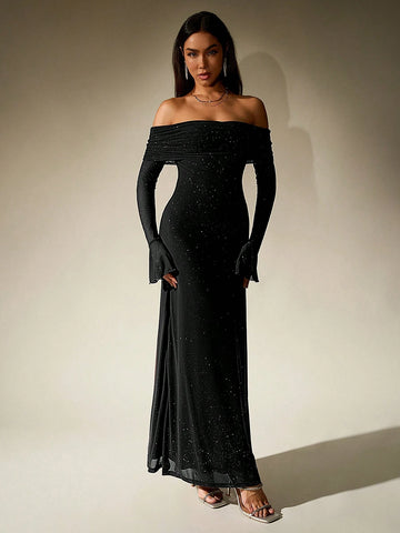 PARTHEA Off Shoulder Ruched Sequin Mesh Long Dress