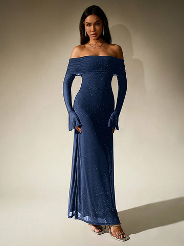PARTHEA Off Shoulder Ruched Sequin Mesh Long Dress