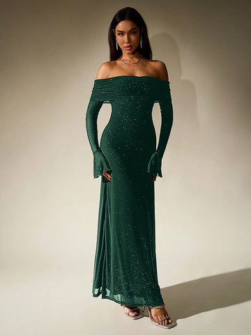 PARTHEA Off Shoulder Ruched Sequin Mesh Long Dress
