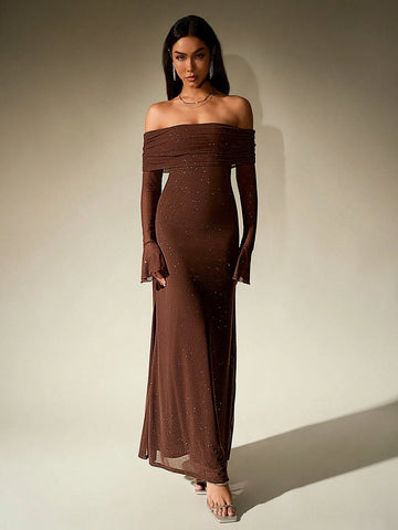 PARTHEA Off Shoulder Ruched Sequin Mesh Long Dress