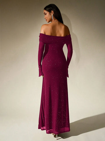 PARTHEA Off Shoulder Ruched Sequin Mesh Long Dress