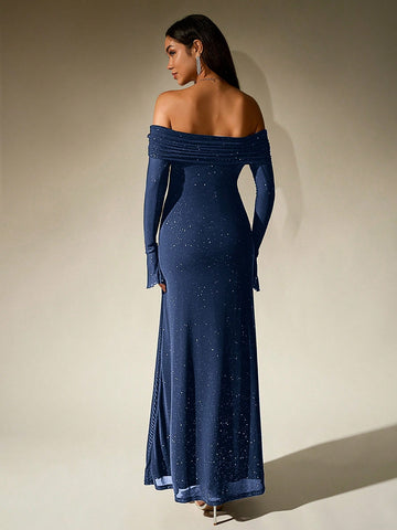 PARTHEA Off Shoulder Ruched Sequin Mesh Long Dress