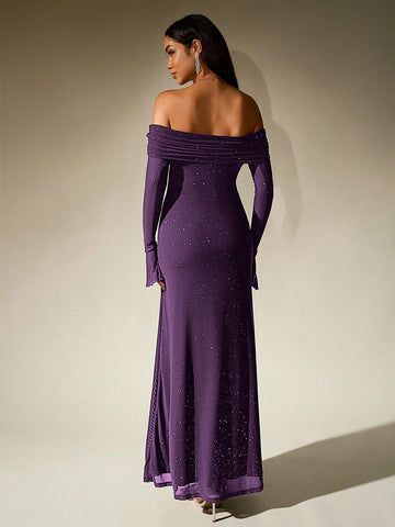 PARTHEA Off Shoulder Ruched Sequin Mesh Long Dress