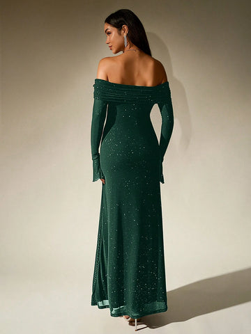 PARTHEA Off Shoulder Ruched Sequin Mesh Long Dress