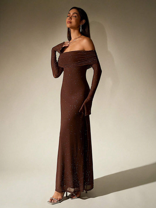 PARTHEA Off Shoulder Ruched Sequin Mesh Long Dress
