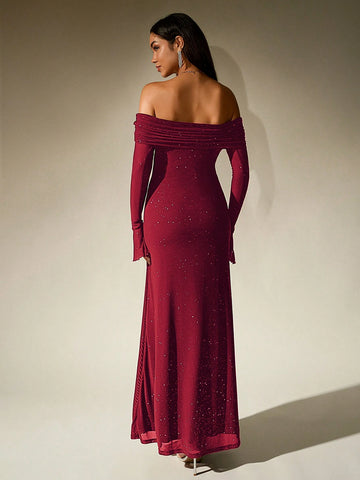 PARTHEA Off Shoulder Ruched Sequin Mesh Long Dress