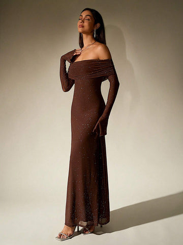 PARTHEA Off Shoulder Ruched Sequin Mesh Long Dress