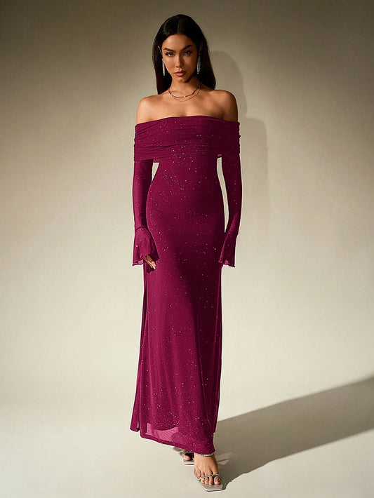 PARTHEA Off Shoulder Ruched Sequin Mesh Long Dress