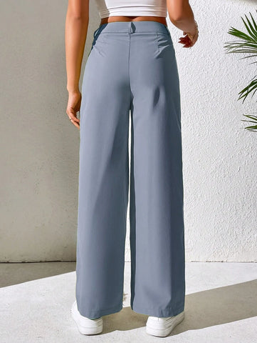 PETITE High Waist Plicated Detail Straight Leg Pants