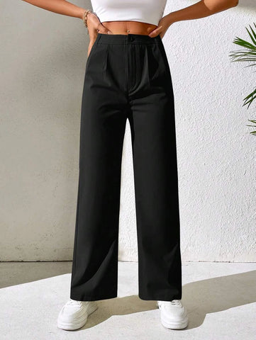 PETITE High Waist Plicated Detail Straight Leg Pants