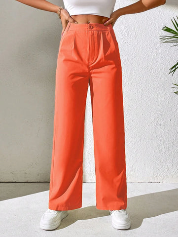 PETITE High Waist Plicated Detail Straight Leg Pants