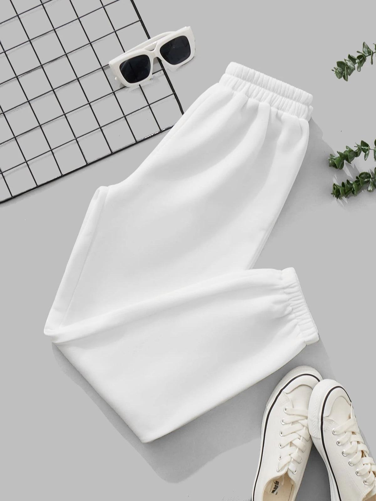 PETITE Solid Elastic Waist White Sweatpants