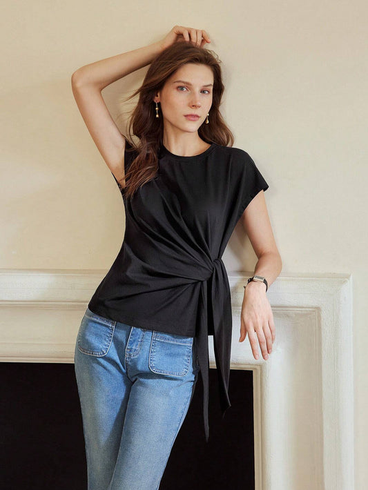 PREMIUM KNOT FRONT CAP SLEEVE T-SHIRT