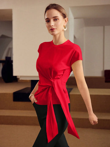 PREMIUM KNOT FRONT CAP SLEEVE T-SHIRT