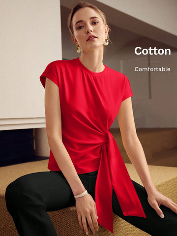 PREMIUM KNOT FRONT CAP SLEEVE T-SHIRT
